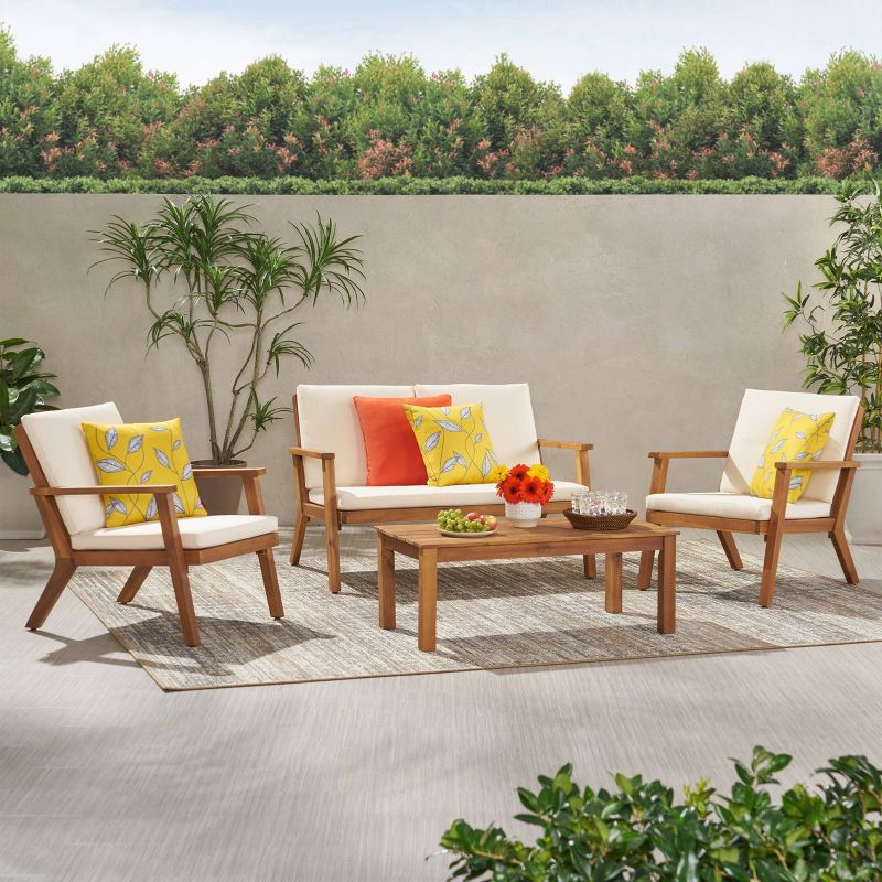 Temecula Outdoor Acacia Wood 4 Seater Chat Set with Cushions - Brown Patina/Cream - Christopher Knight Home, 3 of 16