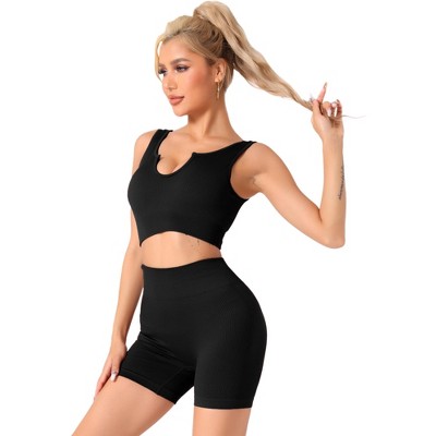 Allegra K Women's Bra and Underwear Sets, Ribbed Exercise Tank Bra High Waist Flatten Stomach Knickers