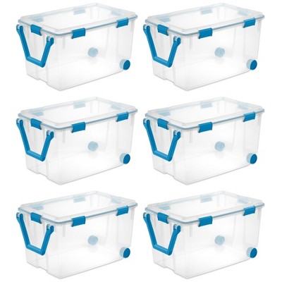 Sterilite 19434303 120 Quart Clear Plastic Storage Container Box and Lid with Blue Latches and Wheels (6 Pack)