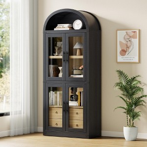71.4" Tall Farmhouse Arched Bookcase with Doors and Drawers, 15.8" Depth Display Cabinet Storage Shelves Wooden Bookshelf - 1 of 4