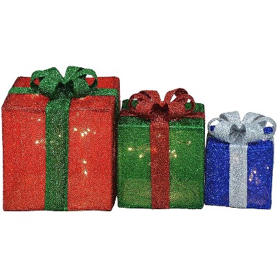 Candy Cane Lane 8/10/12 Inch Set Of Three Red, Green, Blue With Green, Red And Silver Bow Presents Outdoor Led Décor, Nested