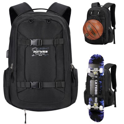 Skateboard Backpack, Skateboard Bag,17.3 Inch Laptop Backpack with USB Charging Port, Basketball Longboard Backpack for Sports Travel Black