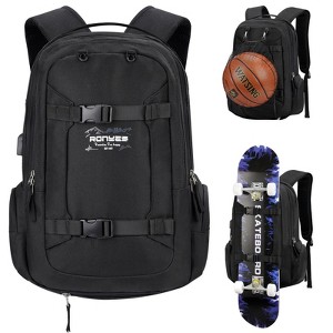 Skateboard Backpack, Skateboard Bag,17.3 Inch Laptop Backpack with USB Charging Port, Basketball Longboard Backpack for Sports Travel Black - 1 of 4