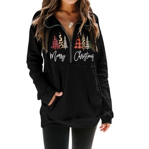 Nlife Women Merry Christmas Print Zipper Up Long Sleeve Kangaroo Pocket Sweatshirt Top - 1 of 4