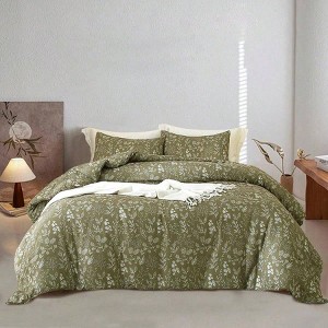 Olive Green Floral Duvet Cover Twin, Soft Cotton, Reversible Vintage Botanical Bedding Set with 2 Pillowcases and Zipper Closure. - 1 of 4