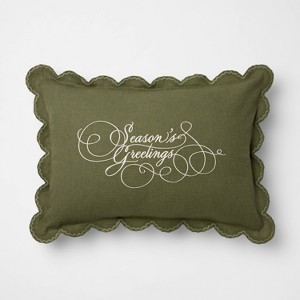 14"x20" Embroidered Season's Greetings Pillow Green - Threshold™ designed with Studio McGee - 1 of 4