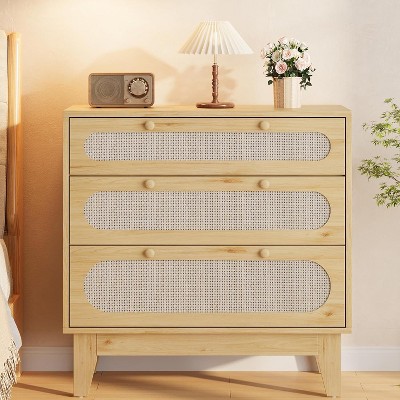 Rattan Dresser for Bedroom, 3 Drawers Dresser for Closet, Chests of Drawers, Oak Storage Dressers Cabinet for Bedroom, Living Room, Entryway