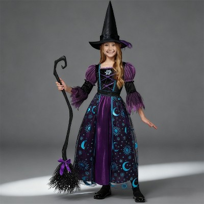 Joyfy Halloween Costume Witch Dress with Broom and Hat for Girls, Kids Moon Shimmer Costume Set for Wizard Role Play Themed Parties