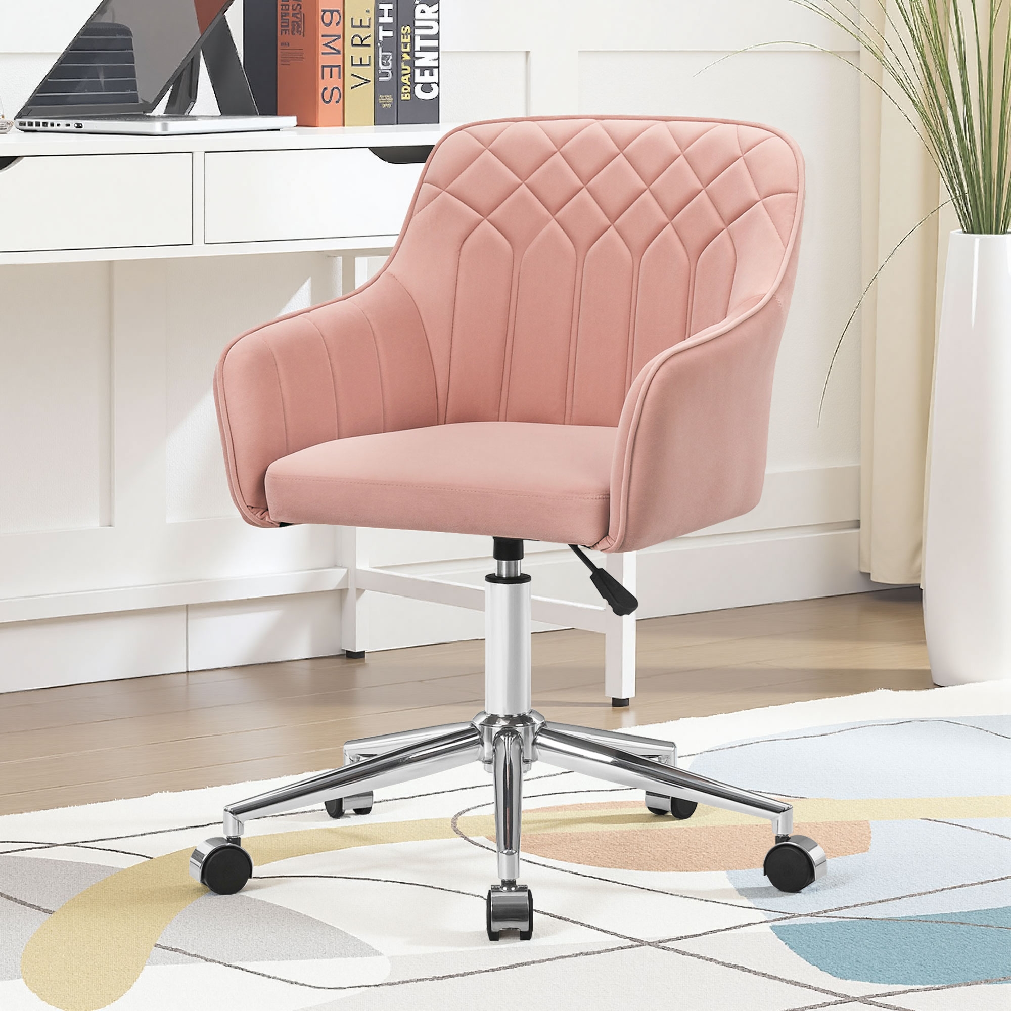 VECELO Pink PU Swivel Vanity Chair with Wheels, Adjustable Accent Office Desk Chair with Back Support and Gold Base for Bedroom, Makeup/Home Office