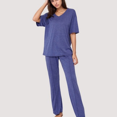 Anna-Kaci Lounge Women's Relaxed Fit Lounge Set with V-Neck Short Sleeve Top and Full-Length Pants