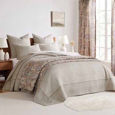 Taupe Cotton Twin Reversible Cross Stitch Bedspread Set