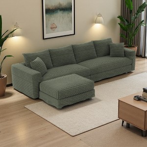 102.4" Plush Corduroy L-Shaped Sectional Sofa, 1 Ottoman, Deep Seat - 1 of 4