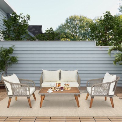 Karl Home 4-Piece Acacia Wood Patio Conversation Set with Cushions