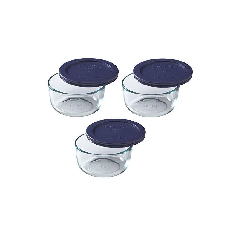 Pyrex Blue Storage Round Dish with Dark Plastic Cover Clear (2-Cup Pack of 3), 1 of 4