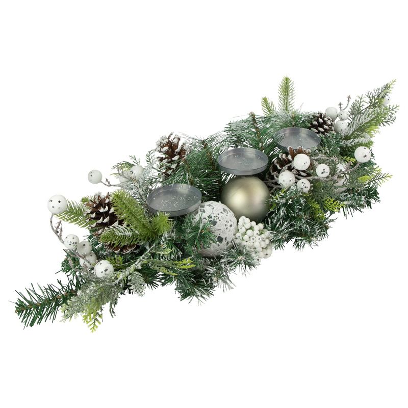 Northlight 32" Green Frosted Pine Triple Candle Holder with Christmas Ornaments and Pinecones, 4 of 8