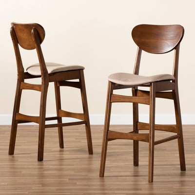 Katya Adjustable Walnut Wood Bar Stool Set in Sand Fabric