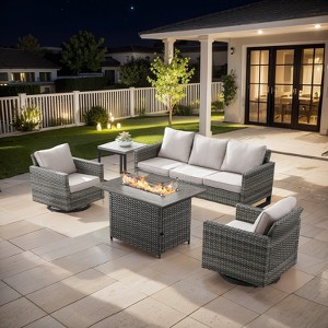 Buenhomino 5-Piece Patio Furniture Set with Fire Pit,Wicker Outdoor Swivel Rocker Chairs Patio Sofa for Backyard,Poolside,Deck,Gray Wicker - 1 of 4