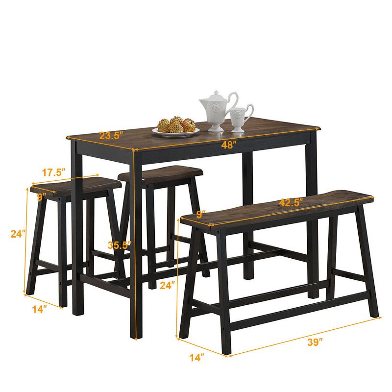 Costway 4 Pcs Solid Wood Counter Height Table Set w/ Height Bench & Two Saddle Stools, 2 of 6
