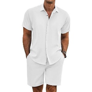 COOFANDY Men's Summer Beach Outfits 2 Piece Short Sleeve Shirts and Shorts Vacation Texture Linen Sets for Men - 1 of 4