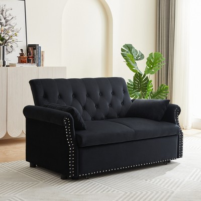 LOVMOR Artemax 55" Modern Shiny Velvet Convertible Loveseat Sleeper Sofa Couch w/ 2 Lumbar Pillows, Adjustable Pull-Out Bed and Removable Armrest