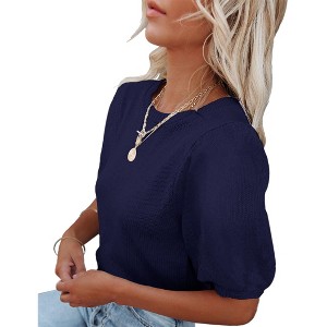 Women's Round Neck Short Sleeve Sweater Summer Casual Puff Sleeve Pullover Knit Top - 1 of 3