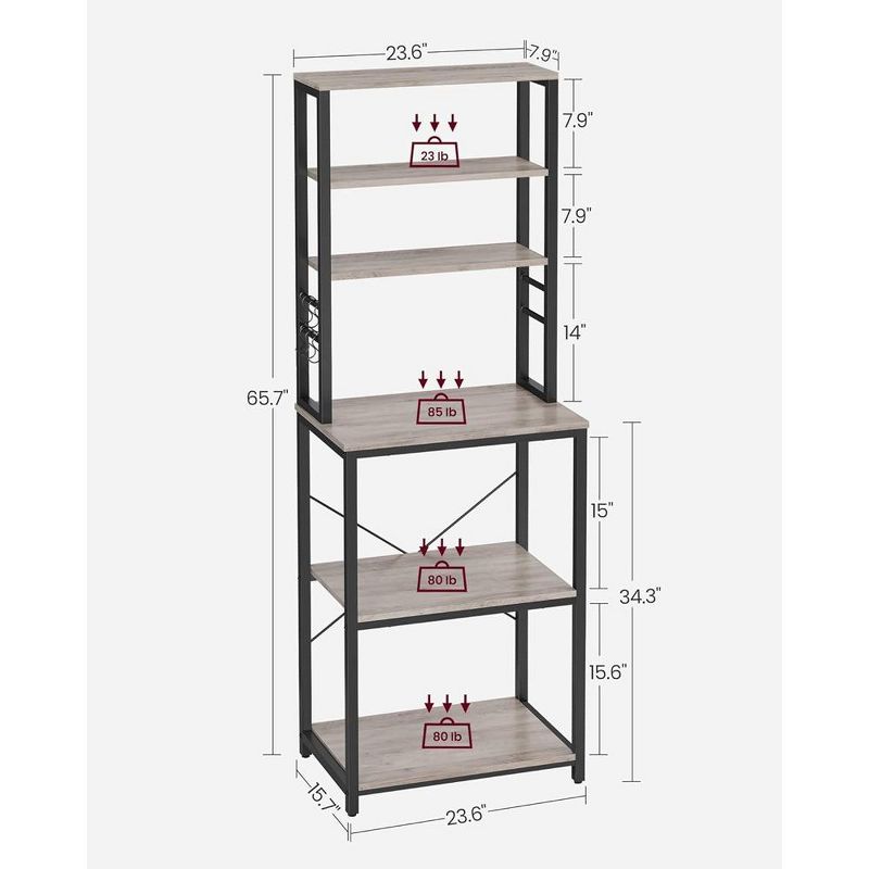 VASAGLE Baker's Rack Microwave Oven Stand Kitchen Tall Utility Storage Shelf 6 Hooks and Metal Frame, 3 of 10