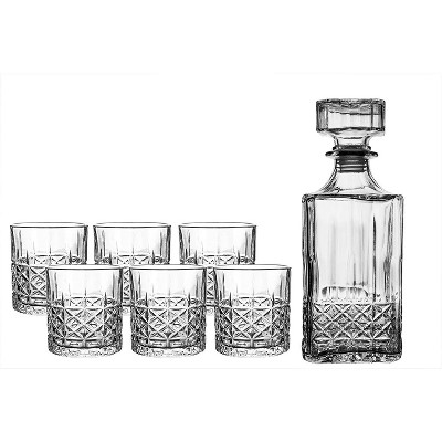 Fifth Avenue Highland Whiskey Decanter and Glass Set, 7-Piece Set for Liquor, Scotch, Wine, 6 Matching DOF Tumblers, Elegant Liquor Carafe w/ Stopper