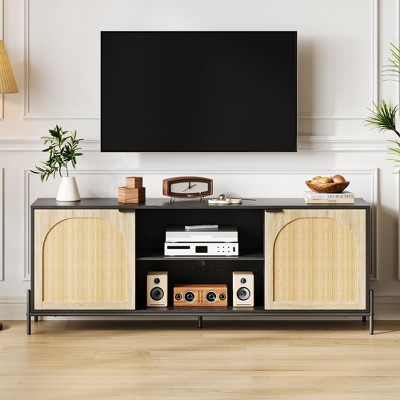 Rattan TV Stand for 75 Inch TV, Mid Century Modern TV Stand, Entertainment Center with Storage