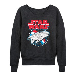Women's Star Wars Millennium Falcon Americana Lightweight French Terry Wide Neck Long Sleeve Graphic Shirt - Heather Charcoal - Medium - 1 of 4