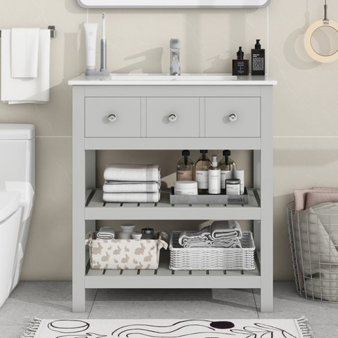 30 Bathroom Vanity With Ceramic Basin Sink, Drawer And 2-tier Storage Shelf,  Gray - Modernluxe : Target