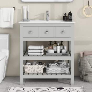 30" Bathroom Vanity with Ceramic Basin Sink, Drawer and 2-Tier Storage Shelf, Gray - ModernLuxe