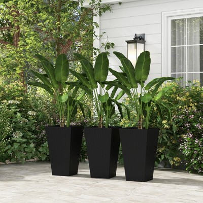 Set of 3 Black Tall Rattan-Style Plastic Planters