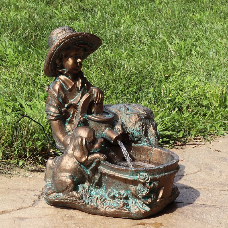 Sunnydaze Outdoor Polyresin Boy with Dog Solar Powered Water Fountain Feature with LED Light - 15" - Light Brown, 3 of 12