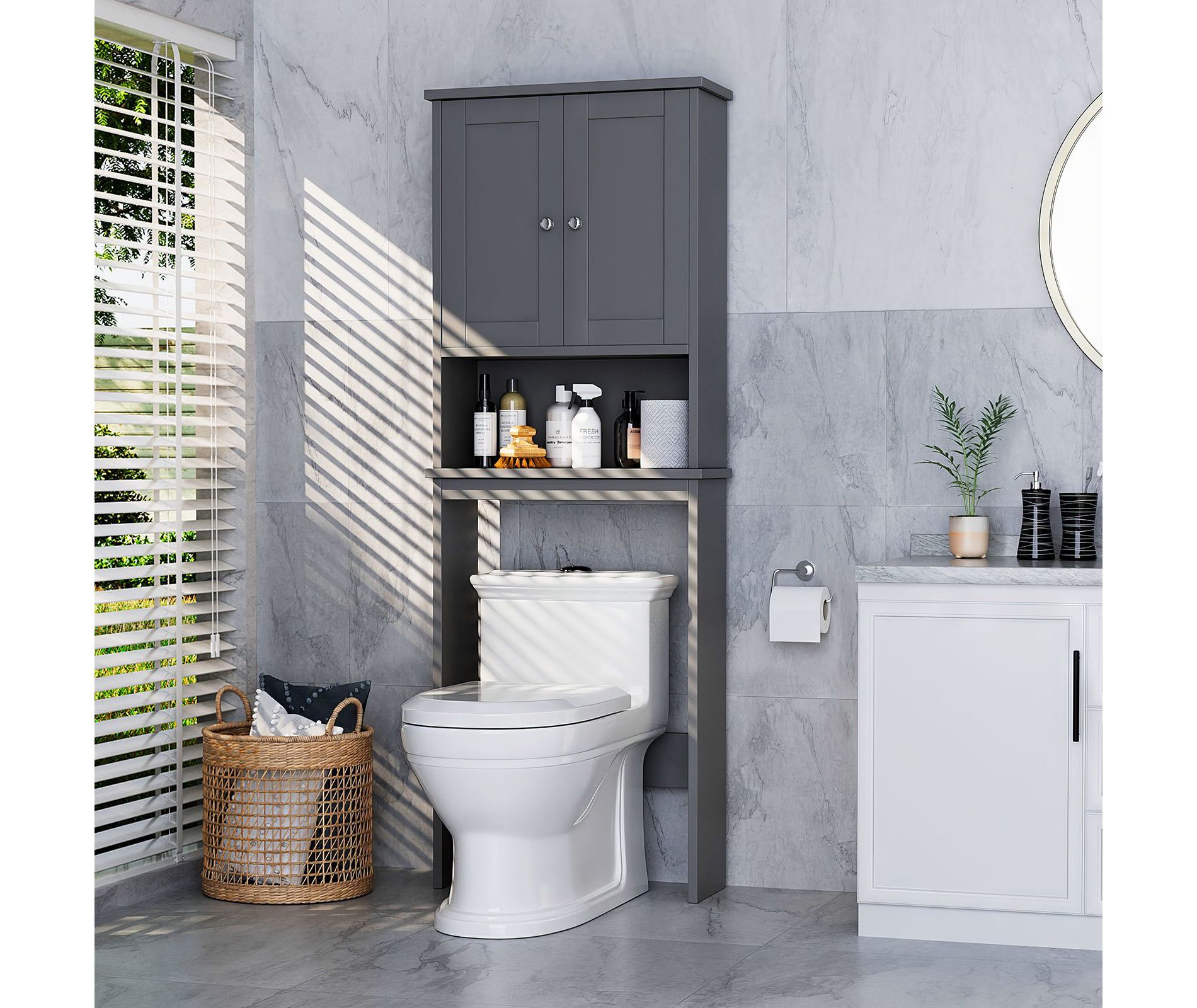 Celebalcony  Over The Toilet Storage Cabinet, Bathroom Shelf Organizer with Anti-Tip Device Small Freestanding Space Saver with Adjustable Shelf Gray