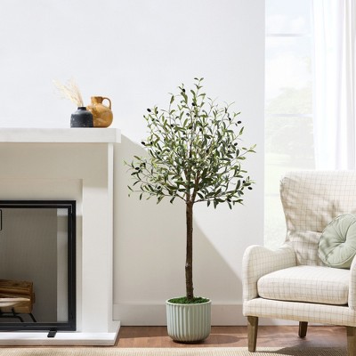 Lifelike 5ft Green Faux Olive Tree with White Plastic Planter