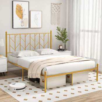 Trinity Bed Frame With Led Lights & Curved Rattan Headboard & Wooden  Support Legs, No Box Spring Needed, Easy Assembly : Target