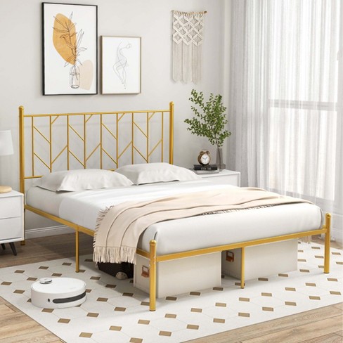 Yitahome  Metal Queen Size Canopy Bed Frame with 14 Inch Platform and  Built-in Headboard in Gold