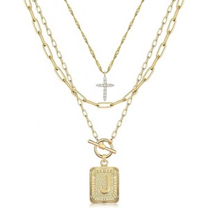 Layered Initial Necklace for Women, 14K Gold Plated Letter Pendant with Cross Charm, Paperclip Chain Choker Jewelry - 1 of 4
