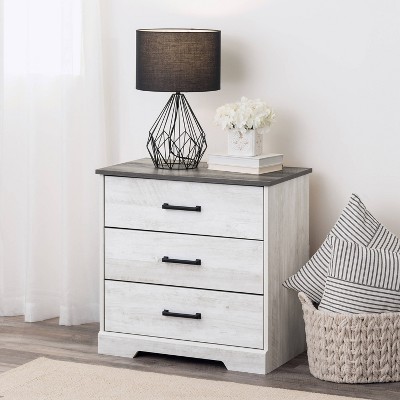 Washed White 3-Drawer Farmhouse Nightstand with Rustic Gray Top