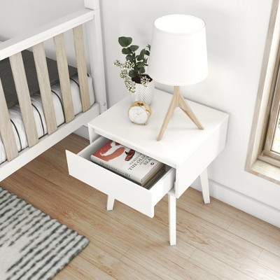 White Solid Pine and Aspen Wood Scandinavian Nightstand with 1 Drawer