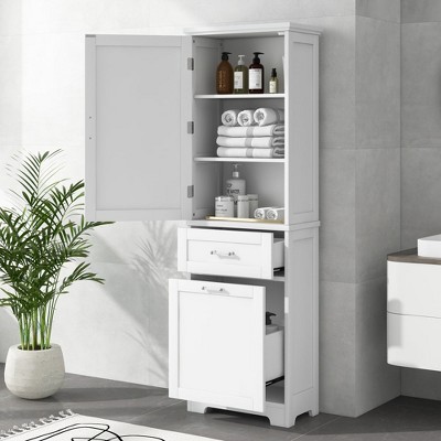 Chic Crate-Tall Bathroom Storage Cabinet – Freestanding Cabinet w/ 2 Different-Size Drawers & Adj. Shelf | MDF Painted Finish | White