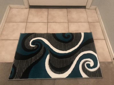 Emma + Oliver 5x5 Round Accent Rug with Modern 3D Sculpted Swirl Pattern  and Varied Texture Piling in Turquoise, Black, White & Gray 