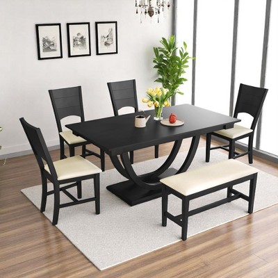 6-Piece Modern Dining Table Set with Bench and 4 Upholstered Chairs, Solid Wood Half-Round Base Kitchen Dining Room Furniture