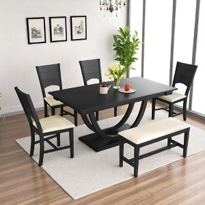 6-Piece Modern Dining Table Set with Bench and 4 Upholstered Chairs, Solid Wood Half-Round Base Kitchen Dining Room Furniture - 1 of 4