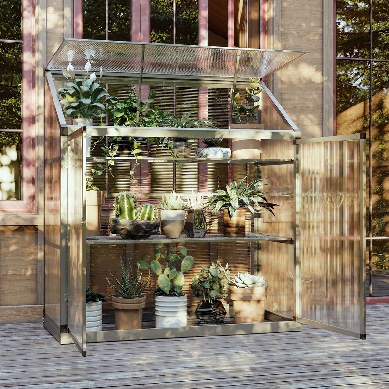 Outsunny Outdoor Garden Greenhouse, Cold Frame Polycarbonate Panel Planthouse with Openable Roof, 3 Shelves, Double Door, 51.5" L x 22.75" x 55", 2 of 7