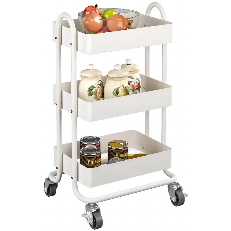 SKONYON 3 Tier Rolling Cart Utility Cart with Lockable Wheels Rolling Metal Storage Easy Move White, 1 of 12
