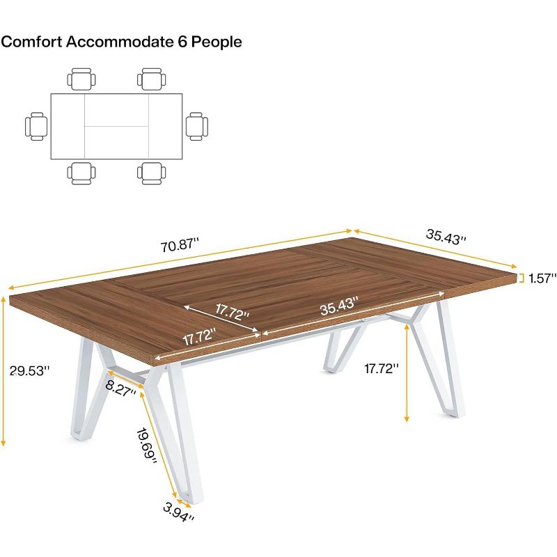 Tribesigns 70-inch Large Dining Table for 6-8 People,  Rectangular Wood Kitchen Table with Heavy-Duty Metal Legs for Family Gathering, Parties, 3 of 9