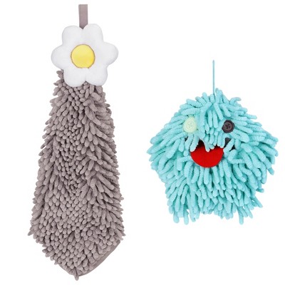 REGALWOVEN 2 Packs Soft Absorbent Flower Pattern Chenille Hand Towel with Loop 6" x 15"/7" x 7"