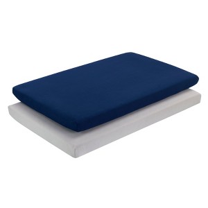Everyday Kids 2 Pack 'n Play Sheets – 100% Jersey Cotton, Soft Fitted Portable Crib Sheets in Solid Navy Blue and Gray, 24"x38"x5 - 1 of 4