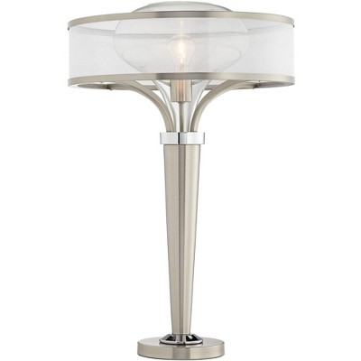 Possini Euro Design Modern Table Lamp Brushed Steel Metal Tapered Body Double Glass Mesh Drum Shade for Living Room Family Bedroom